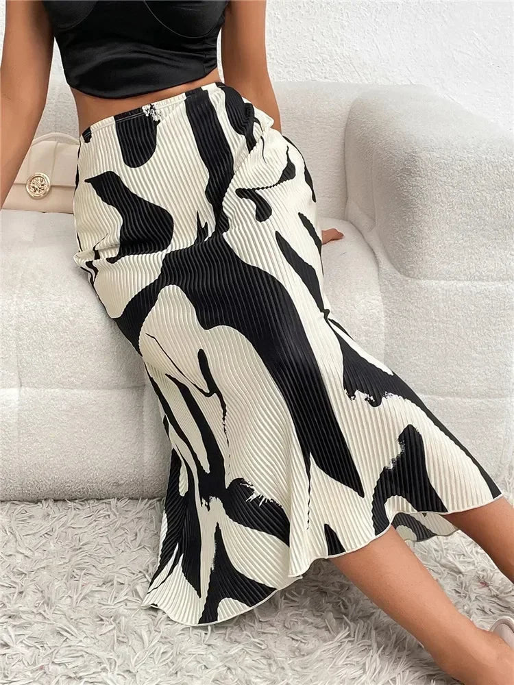 Elegant Graphic Print Pleated Mermaid Skirts for Women Autumn Casual Elastic High Waist Geometry Midi Long Skirt Streetwear