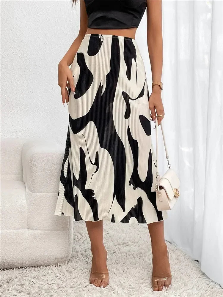Elegant Graphic Print Pleated Mermaid Skirts for Women Autumn Casual Elastic High Waist Geometry Midi Long Skirt Streetwear
