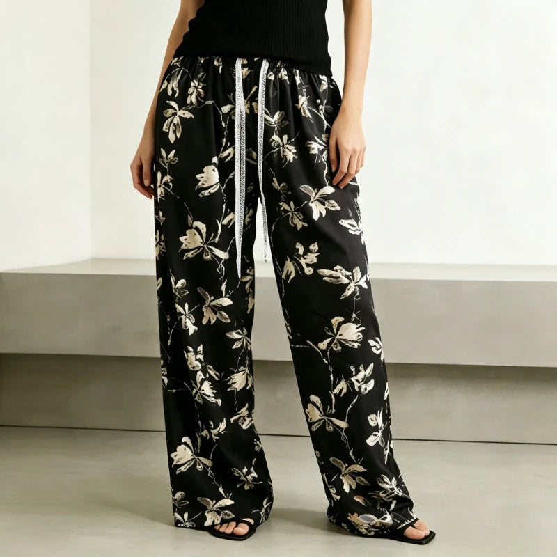 Women Thin Retro Chinese‑style Printed High‑waist Straight Pants, Slim‑fit Wide‑leg Casual Trousers