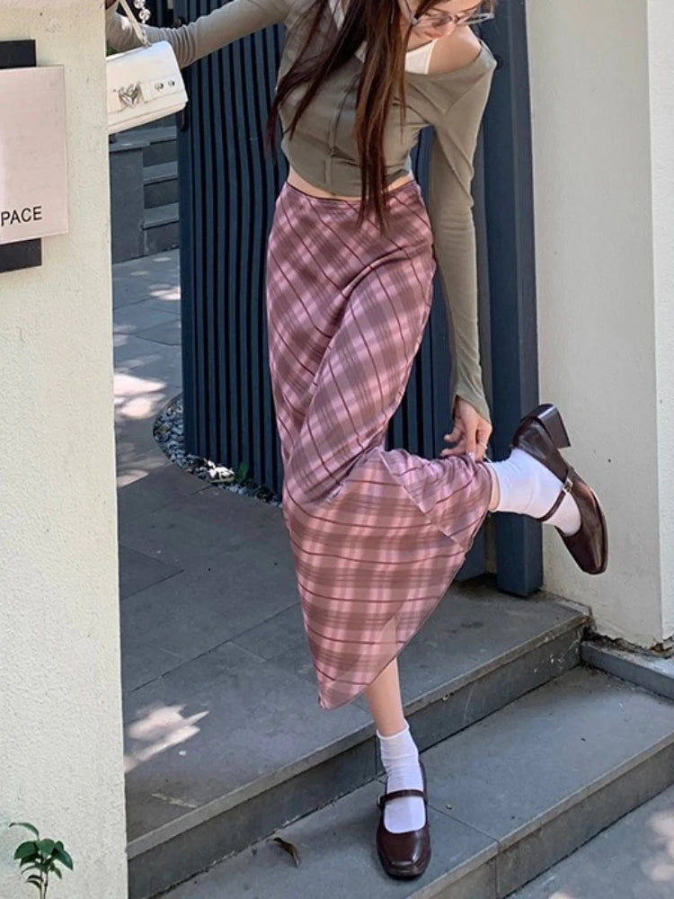 European American Style Vintage Plaid Mesh High Waist Women Bodycon Skirt 2026 Spring Autumn New Fashion Versatile Skirts