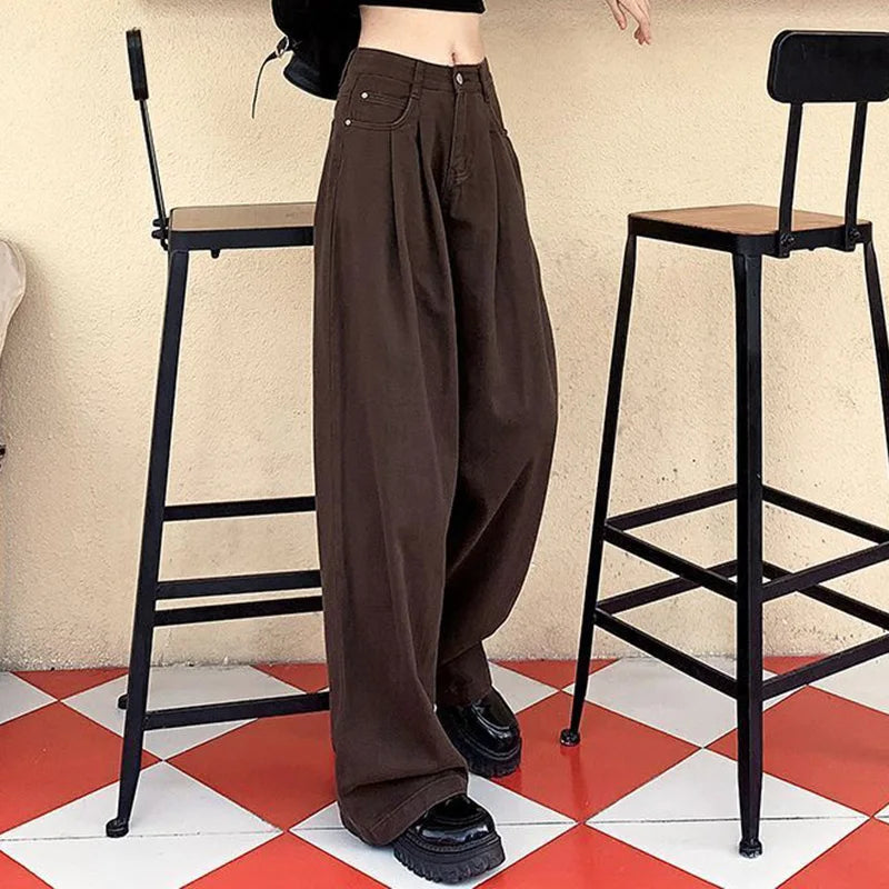 High Street Lady Coffee High Waist Jeans Women Baggy Thin Denim Pants Girls Korean Fashion Straight Leg Trousers