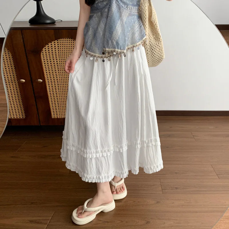 Women's Casual Solid Color Ruffles Maxi Skirt Elastic Waist A Line Light Yellow Long Skirt Spring Summer Beach Vacation Skirts