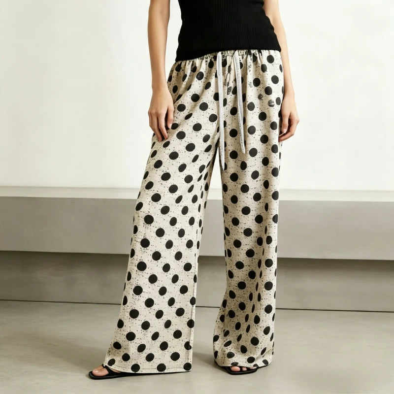 Women Thin Retro Chinese‑style Printed High‑waist Straight Pants, Slim‑fit Wide‑leg Casual Trousers