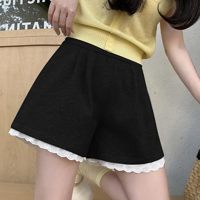 Fashion Lace Patchwork Summer Shorts Women 2025 Chic High Waist Wide Leg Sport Shorts Woman Pocket A Line Short Pants Female