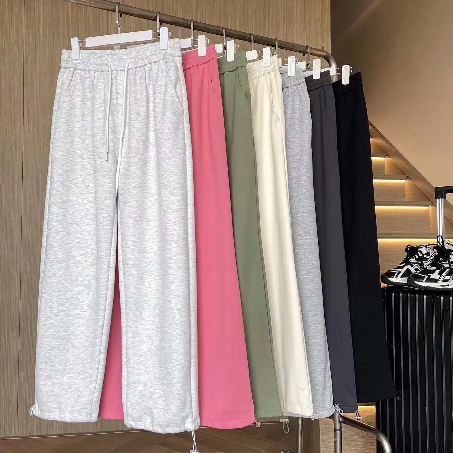 Retro Fashion Loose Straight Leg Casual Pants Harajuku Street Wear Women Baggy Pants High-Waisted Drawstring Solid Sports Pants