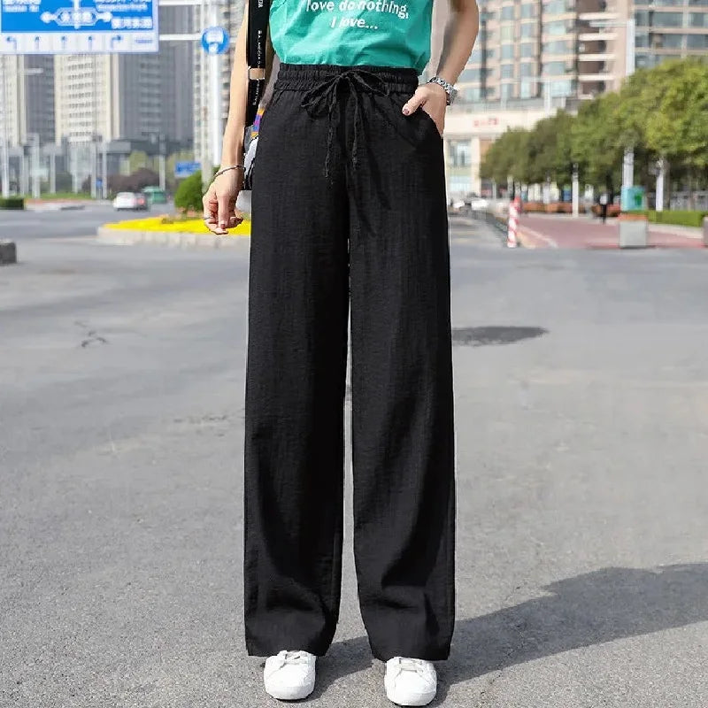 2024 new spring and summer wide leg pants women's high waist ice silk pants thin thin mopping pants female student pants