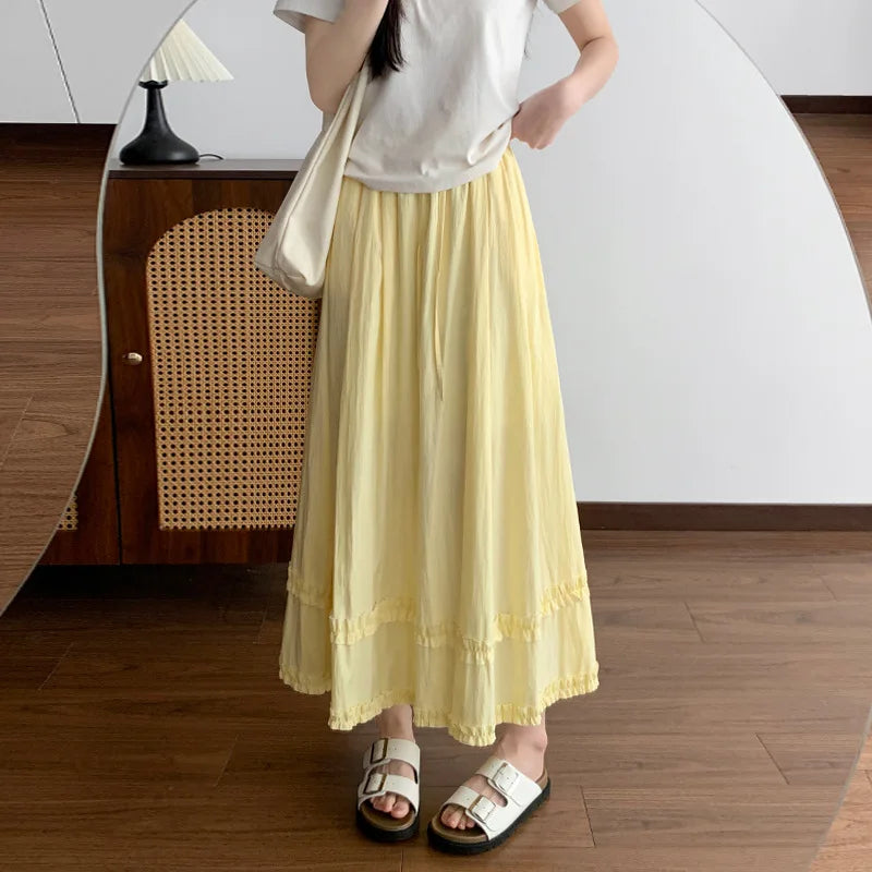 Women's Casual Solid Color Ruffles Maxi Skirt Elastic Waist A Line Light Yellow Long Skirt Spring Summer Beach Vacation Skirts