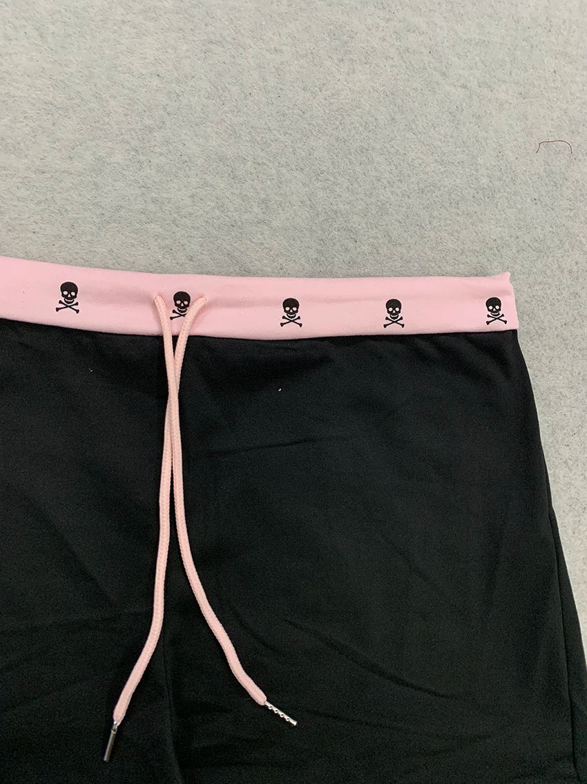 Women Harajuku Skull Pattern Shorts Pink Contrast Waist Drawstring Elastic Short Pants Y2K E-girl Gothic Daily Streetwear Bottom