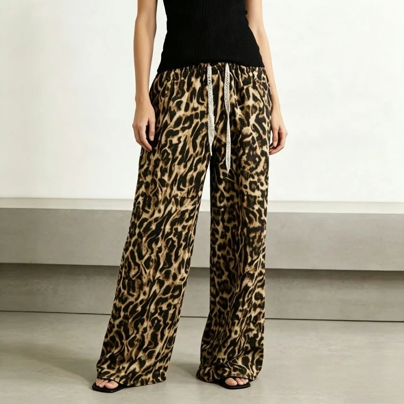 Women Thin Retro Chinese‑style Printed High‑waist Straight Pants, Slim‑fit Wide‑leg Casual Trousers