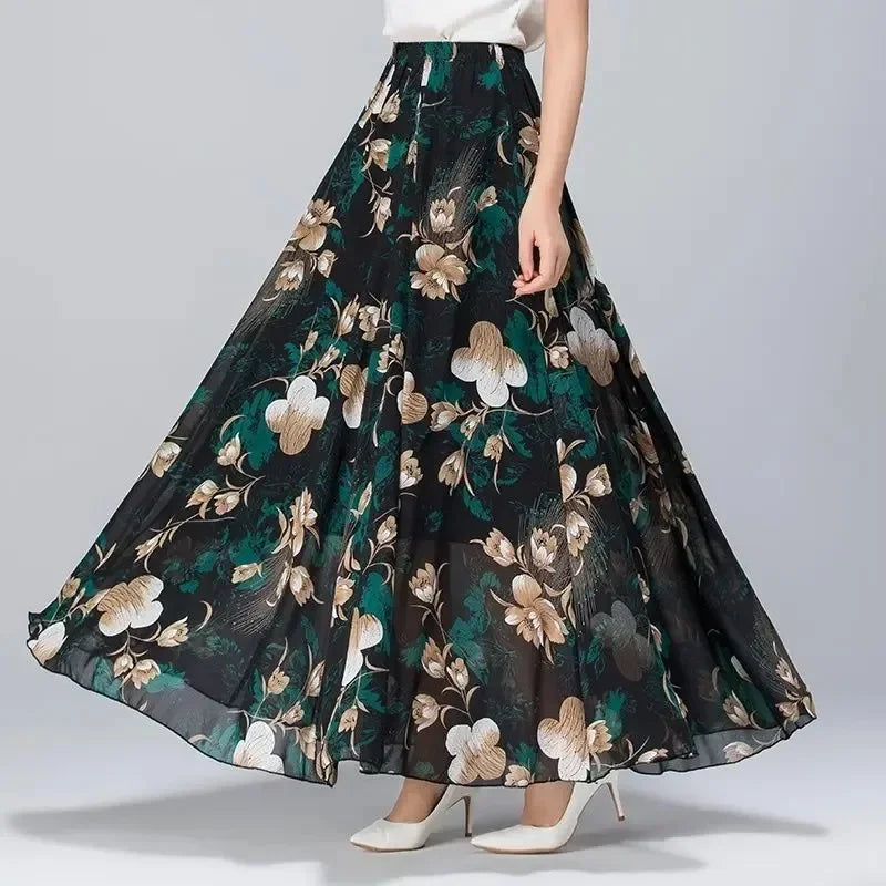 Chiffon Skirts Ink Painting Print Spring Summer Floral Long Skirt Elegant Chic A-Line Full Length Skirt Ankle Beach Skirts Zmzb