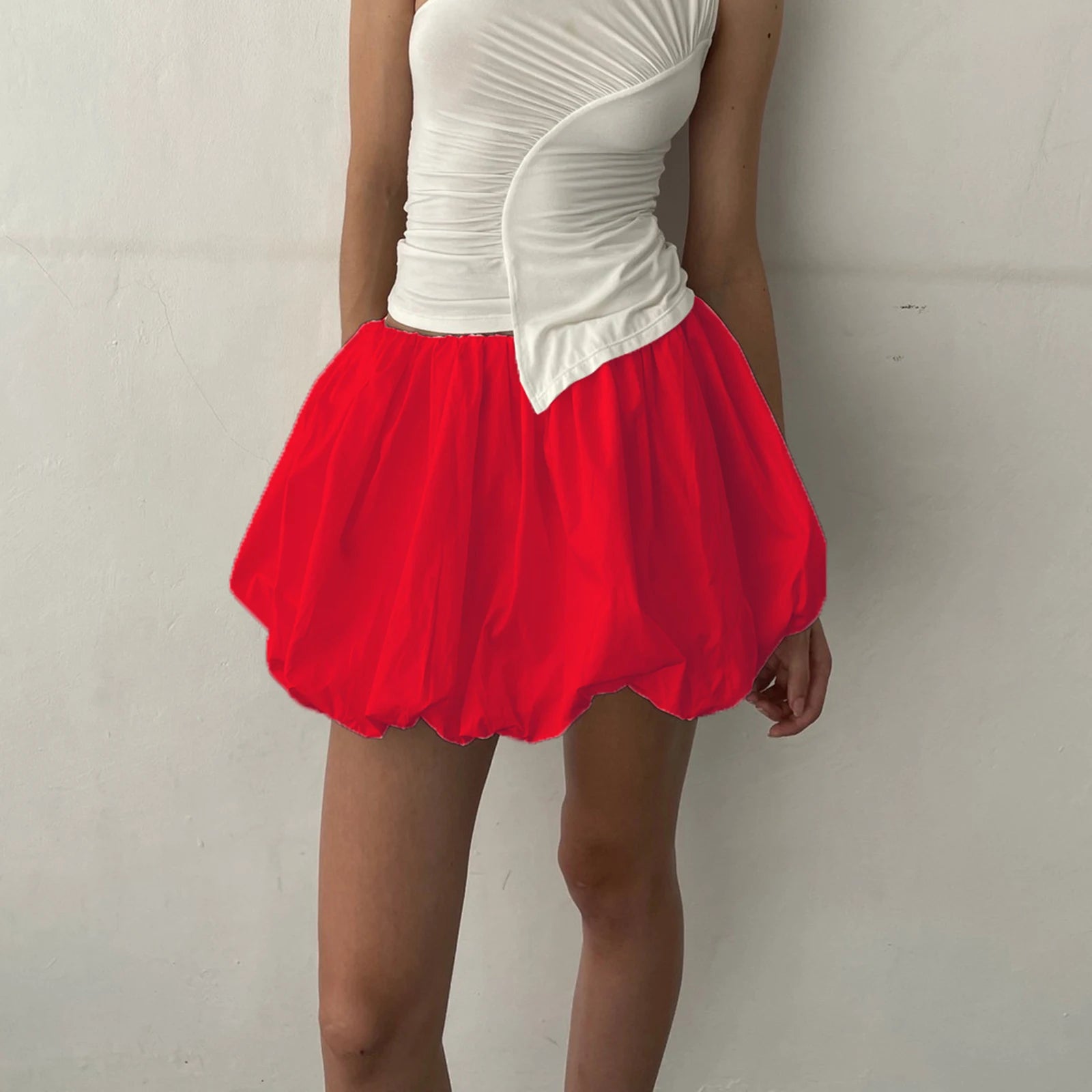 Women Lantern Mini Skirts Summer Casual Loose Fitting Elastic Waist Solid Color Short Puffball Skirt Sweet Style Skirts Girls