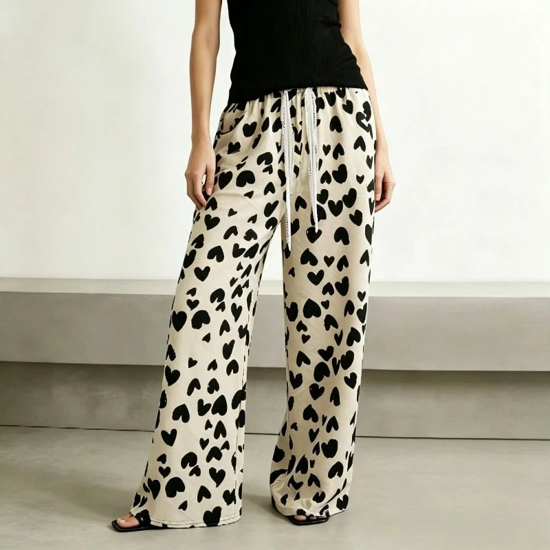 Women Thin Retro Chinese‑style Printed High‑waist Straight Pants, Slim‑fit Wide‑leg Casual Trousers