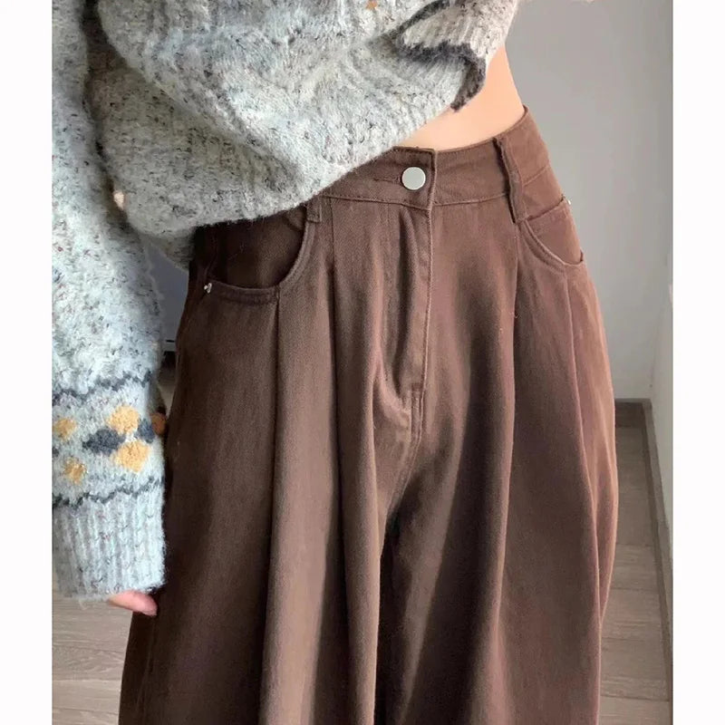 High Street Lady Coffee High Waist Jeans Women Baggy Thin Denim Pants Girls Korean Fashion Straight Leg Trousers