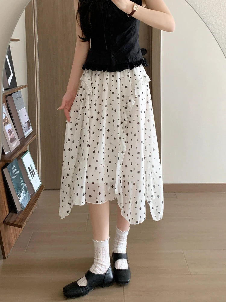 Fashion Irregular Polka Dot Midi Skirt Women Summer Thin High Waist Chiffon Skirts Woman Korean Style White Ruffled A-line Skirt