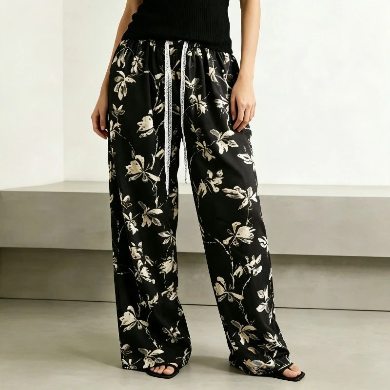 Women Thin Retro Chinese‑style Printed High‑waist Straight Pants, Slim‑fit Wide‑leg Casual Trousers