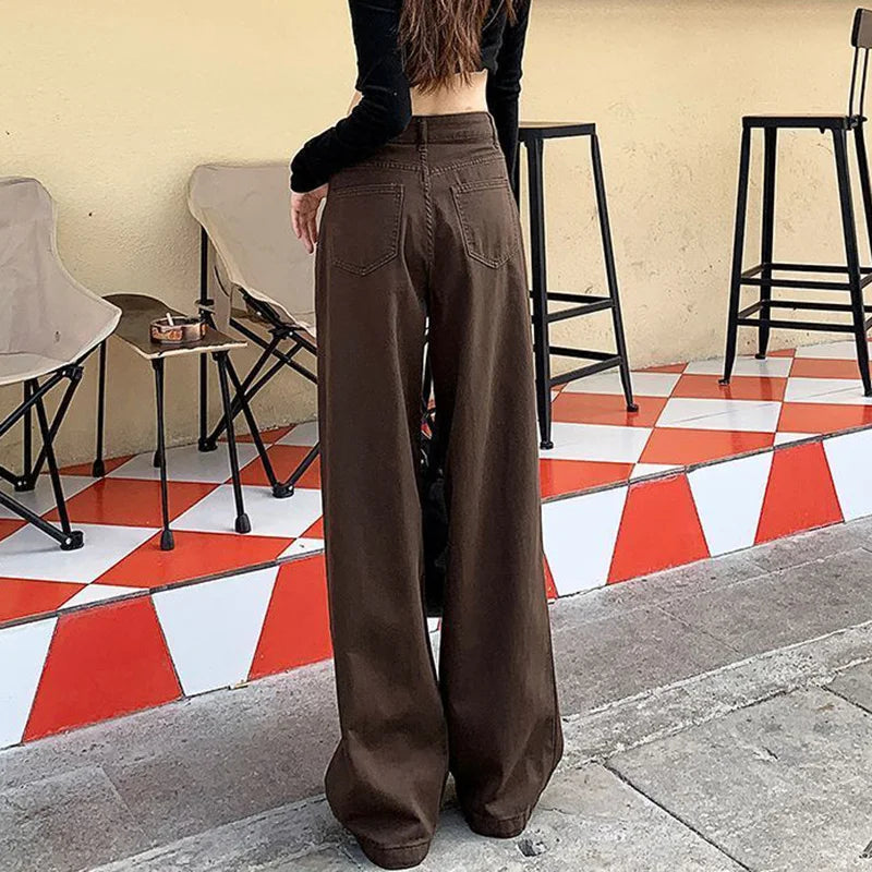 High Street Lady Coffee High Waist Jeans Women Baggy Thin Denim Pants Girls Korean Fashion Straight Leg Trousers