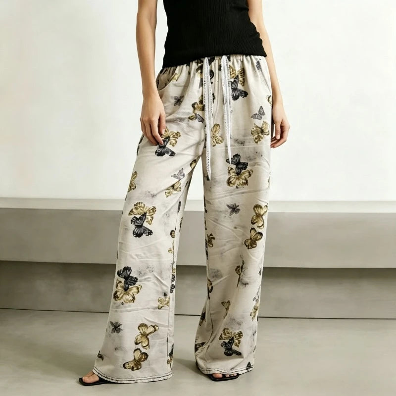 Women Thin Retro Chinese‑style Printed High‑waist Straight Pants, Slim‑fit Wide‑leg Casual Trousers