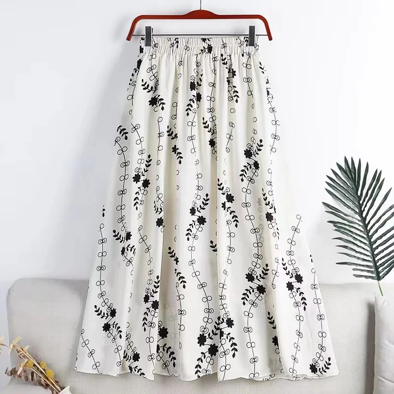 Srping Summer Skirt Womens Chiffon Skirts Vintage Fashion Floral Printed Elastic High Waist Casual Midi A-Line Beach Skirts