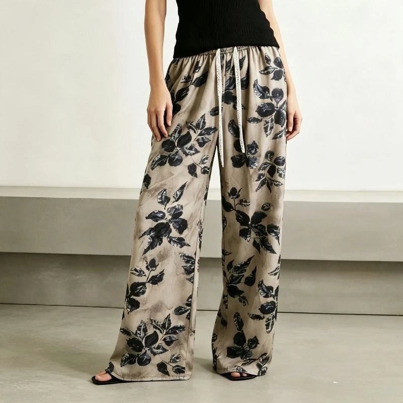 Women Thin Retro Chinese‑style Printed High‑waist Straight Pants, Slim‑fit Wide‑leg Casual Trousers