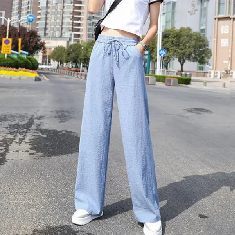 2024 new spring and summer wide leg pants women's high waist ice silk pants thin thin mopping pants female student pants
