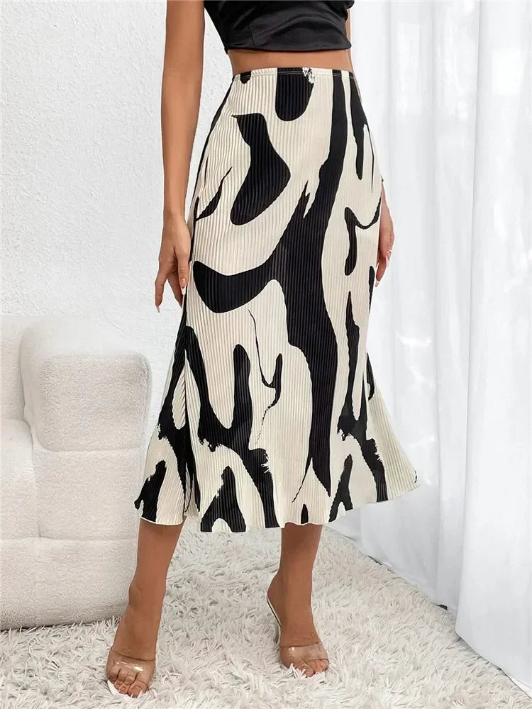 Elegant Graphic Print Pleated Mermaid Skirts for Women Autumn Casual Elastic High Waist Geometry Midi Long Skirt Streetwear