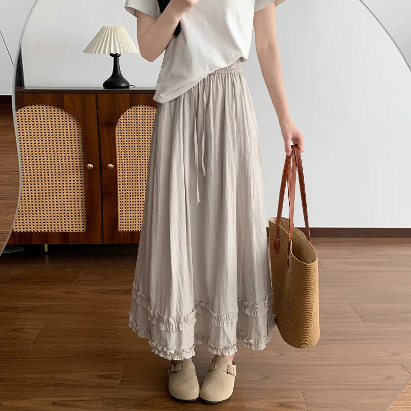 Women's Casual Solid Color Ruffles Maxi Skirt Elastic Waist A Line Light Yellow Long Skirt Spring Summer Beach Vacation Skirts