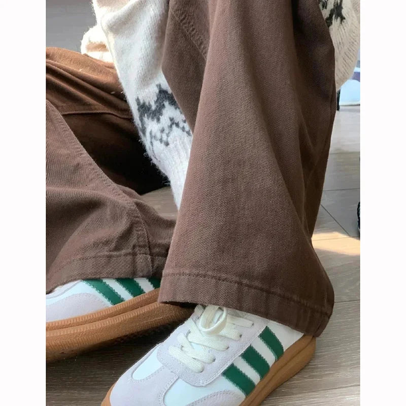 High Street Lady Coffee High Waist Jeans Women Baggy Thin Denim Pants Girls Korean Fashion Straight Leg Trousers