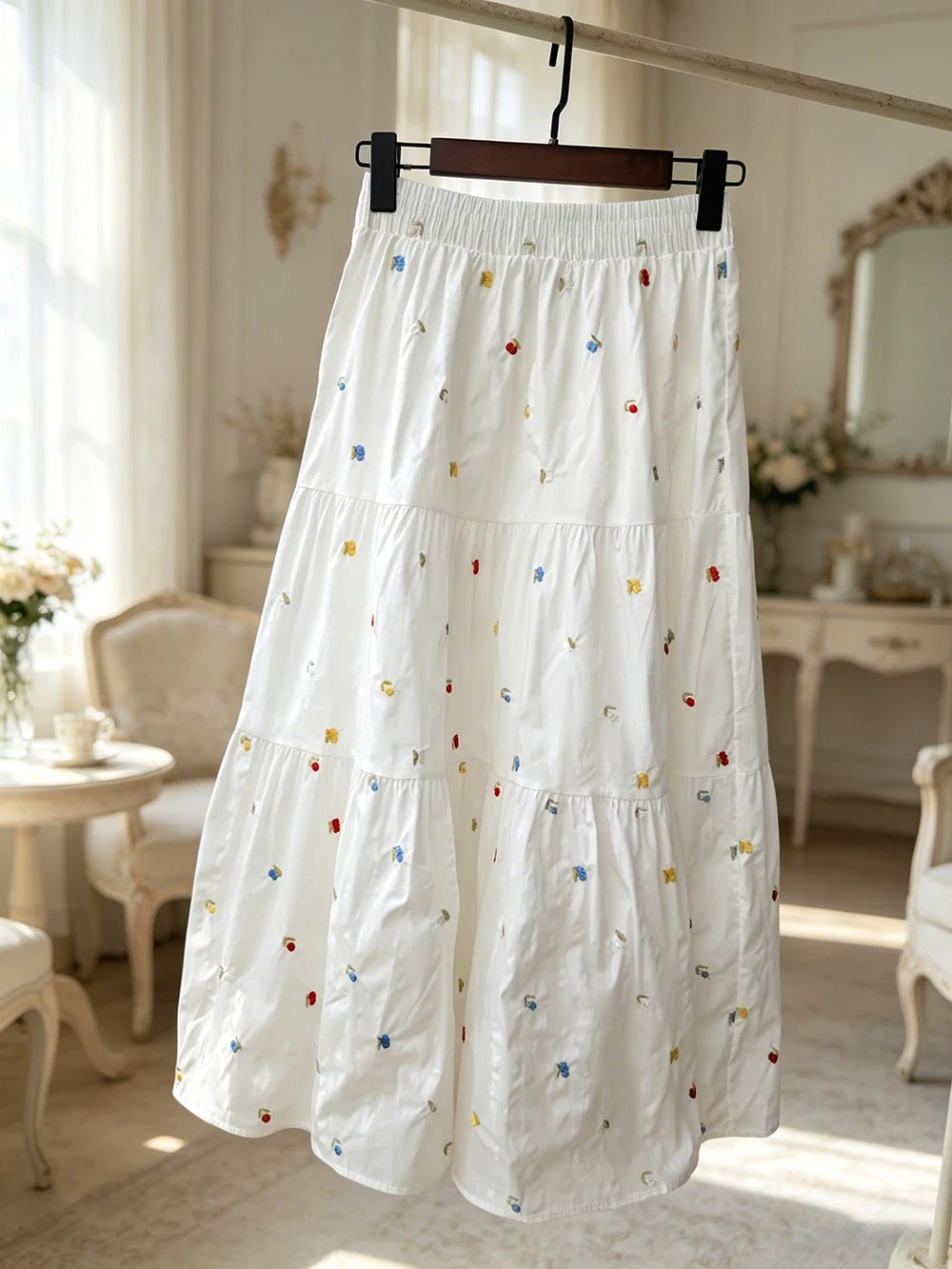Sweet Embroidery Floral Long Skirts Women High Waist Loose Elegant Skirt Vintage Casual Preppy Style Female Cute A Line Skirt
