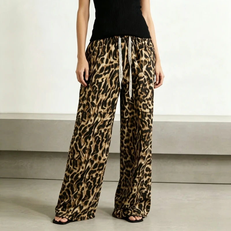 Women Thin Retro Chinese‑style Printed High‑waist Straight Pants, Slim‑fit Wide‑leg Casual Trousers