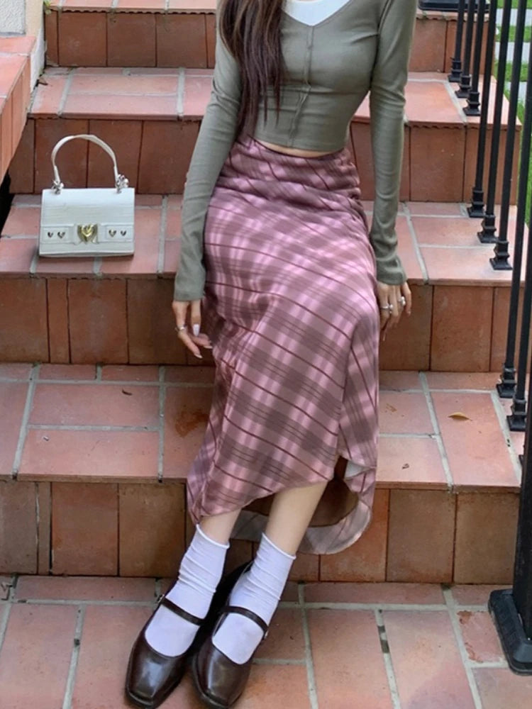 European American Style Vintage Plaid Mesh High Waist Women Bodycon Skirt 2026 Spring Autumn New Fashion Versatile Skirts