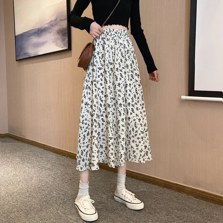 Spring Summer Casual Skirt Womens A-Line Skirts Fashion Vintage Floral Printed Chiffon Skirts Elastic High Waist Midi Skirts