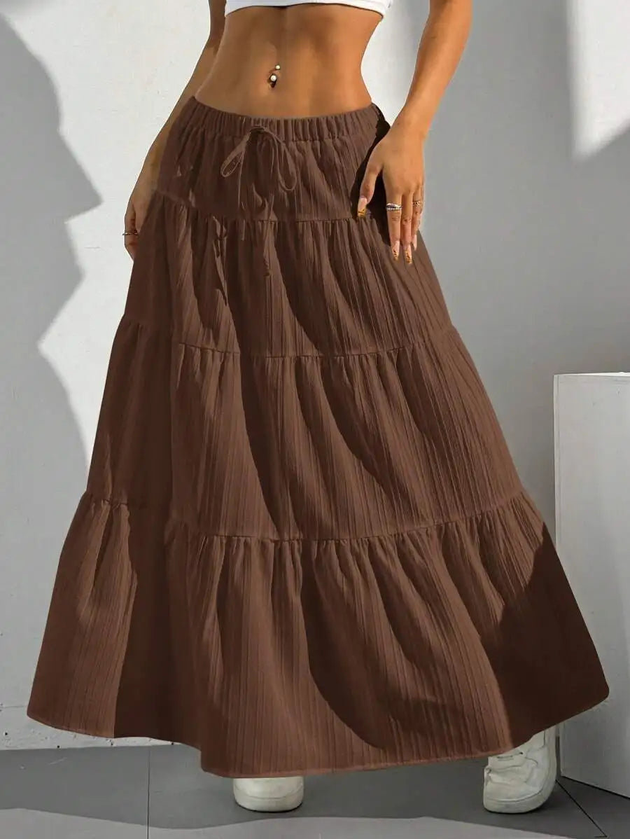 European and American Cross-Border New Style Wish Spring and Summer Women's Skirts, Tie-Strap Spliced Flared Skirts, Loose Long