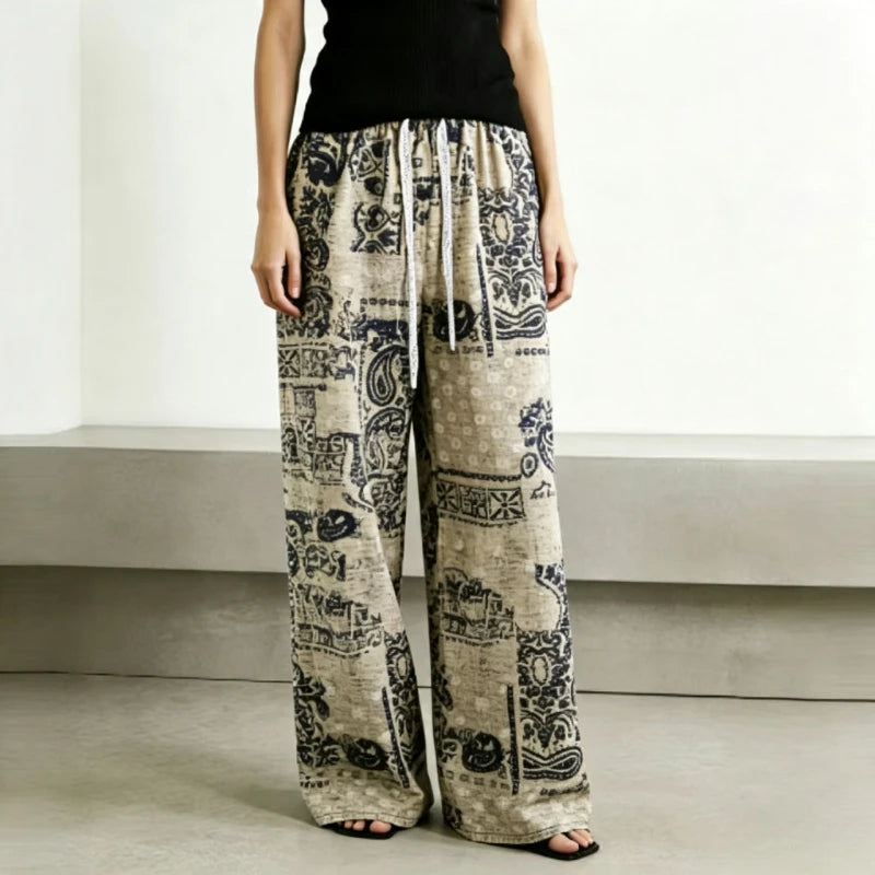 Women Thin Retro Chinese‑style Printed High‑waist Straight Pants, Slim‑fit Wide‑leg Casual Trousers