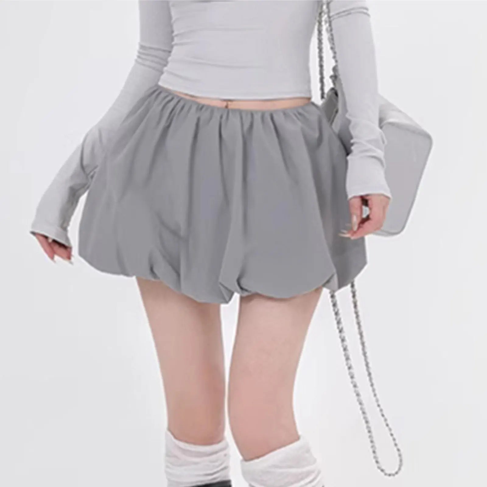 Women Lantern Mini Skirts Summer Casual Loose Fitting Elastic Waist Solid Color Short Puffball Skirt Sweet Style Skirts Girls