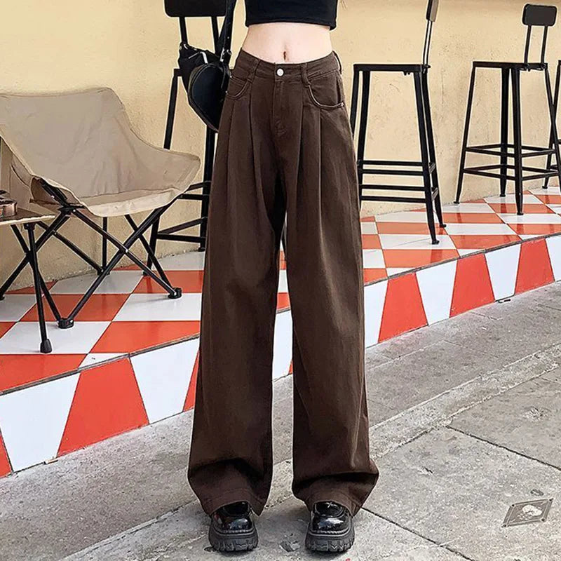High Street Lady Coffee High Waist Jeans Women Baggy Thin Denim Pants Girls Korean Fashion Straight Leg Trousers