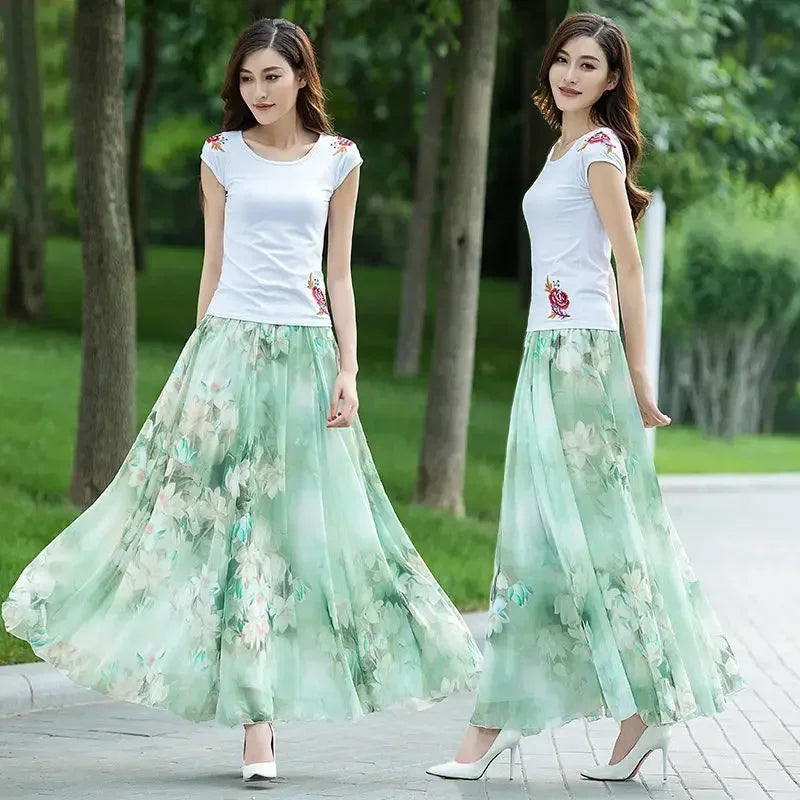 Chiffon Skirts Ink Painting Print Spring Summer Floral Long Skirt Elegant Chic A-Line Full Length Skirt Ankle Beach Skirts Zmzb