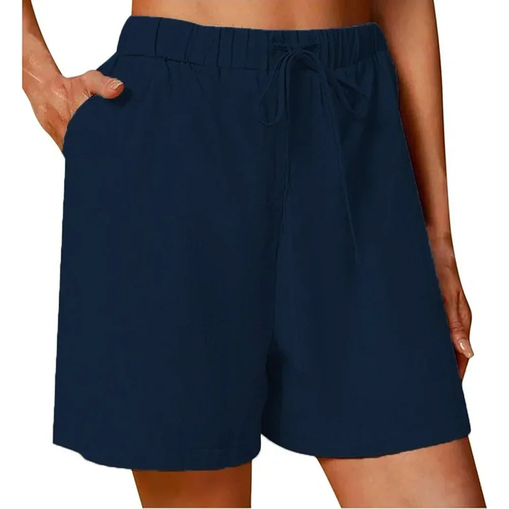 Women's Summer Casual Shorts Drawstring Solid Color Cotton Linen Short Pants Female Loose Straight Jogging Outdoor Streetwear