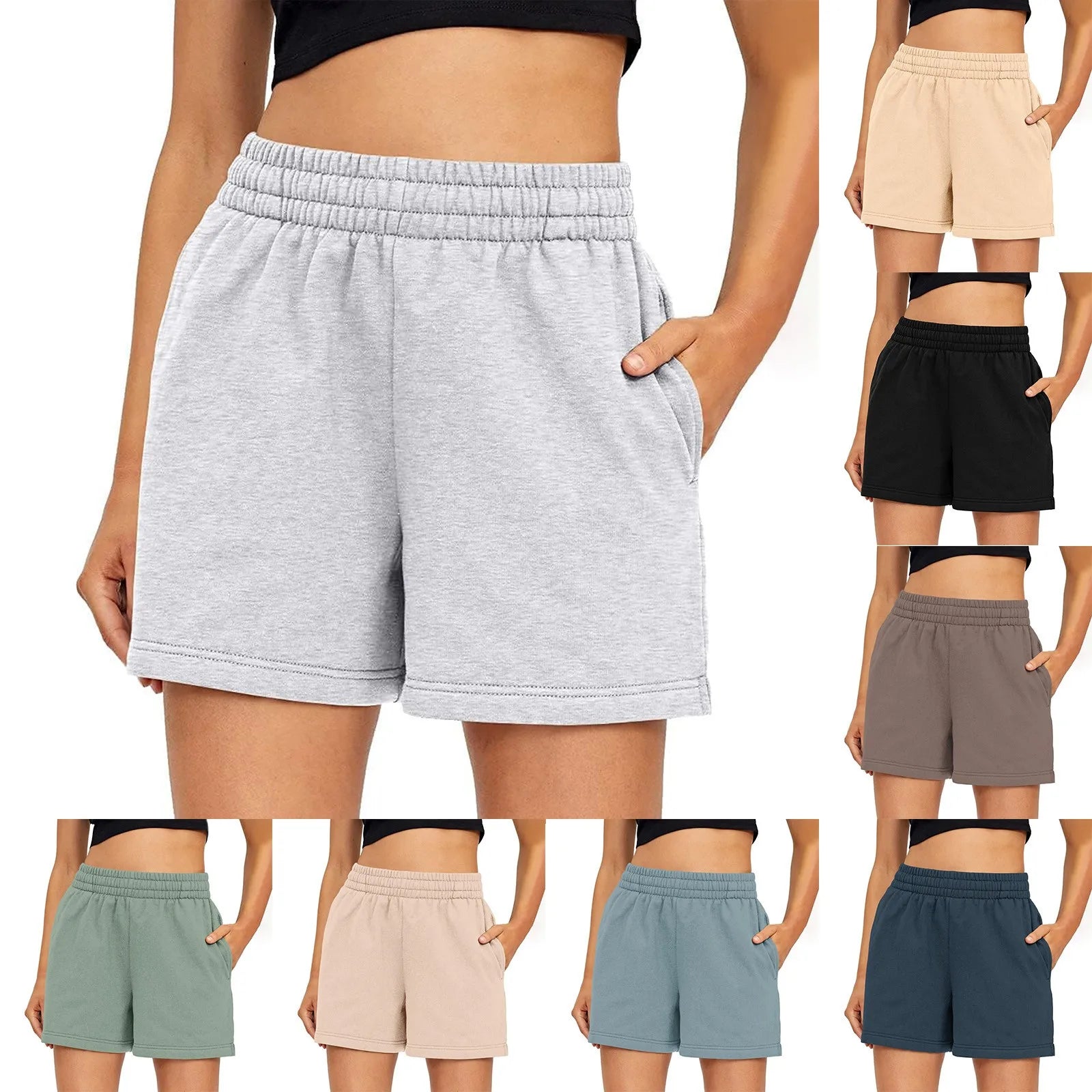 Plain Color Sports Shorts Casual Summer Comfortable And Soft Elastic High Waist Running Shorts With Pockets For Women